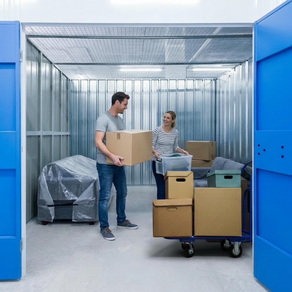 Pareja organizando mudanza en trasteros en Madrid con Aquí Mi Espacio