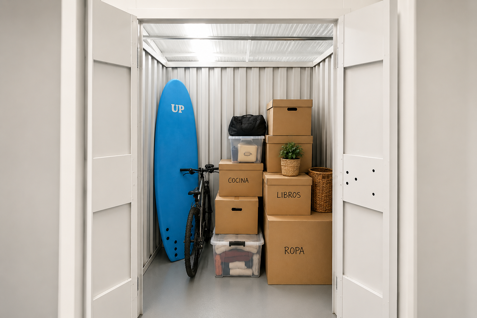 Trastero con bicicleta, tabla de surf y cajas para aprovechar mejor el espacio en casa