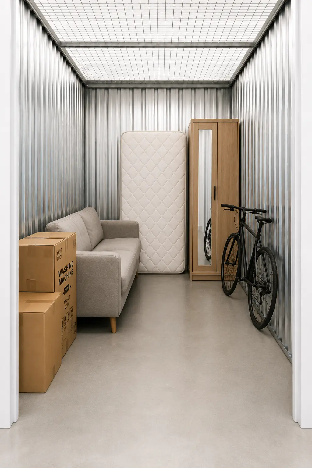 Interior de un trastero M de hasta 3,5 m² con pequeños muebles, electrodomésticos y cajas