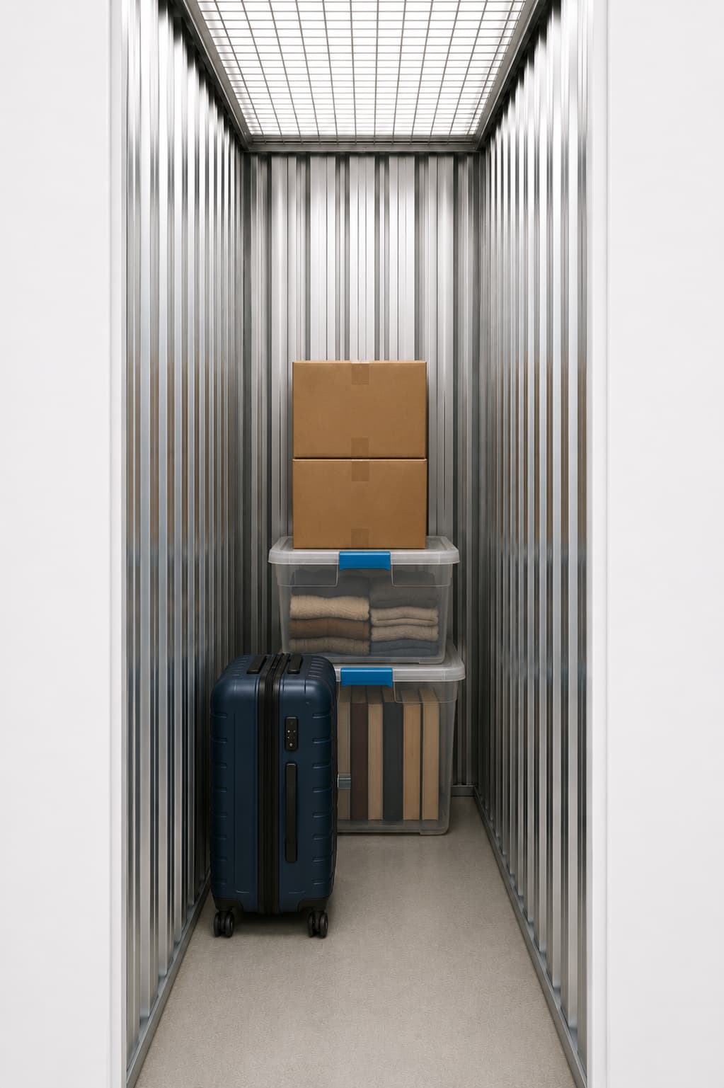 Interior de un trastero XS de hasta 1,7 m² con cajas, maletas y una bicicleta