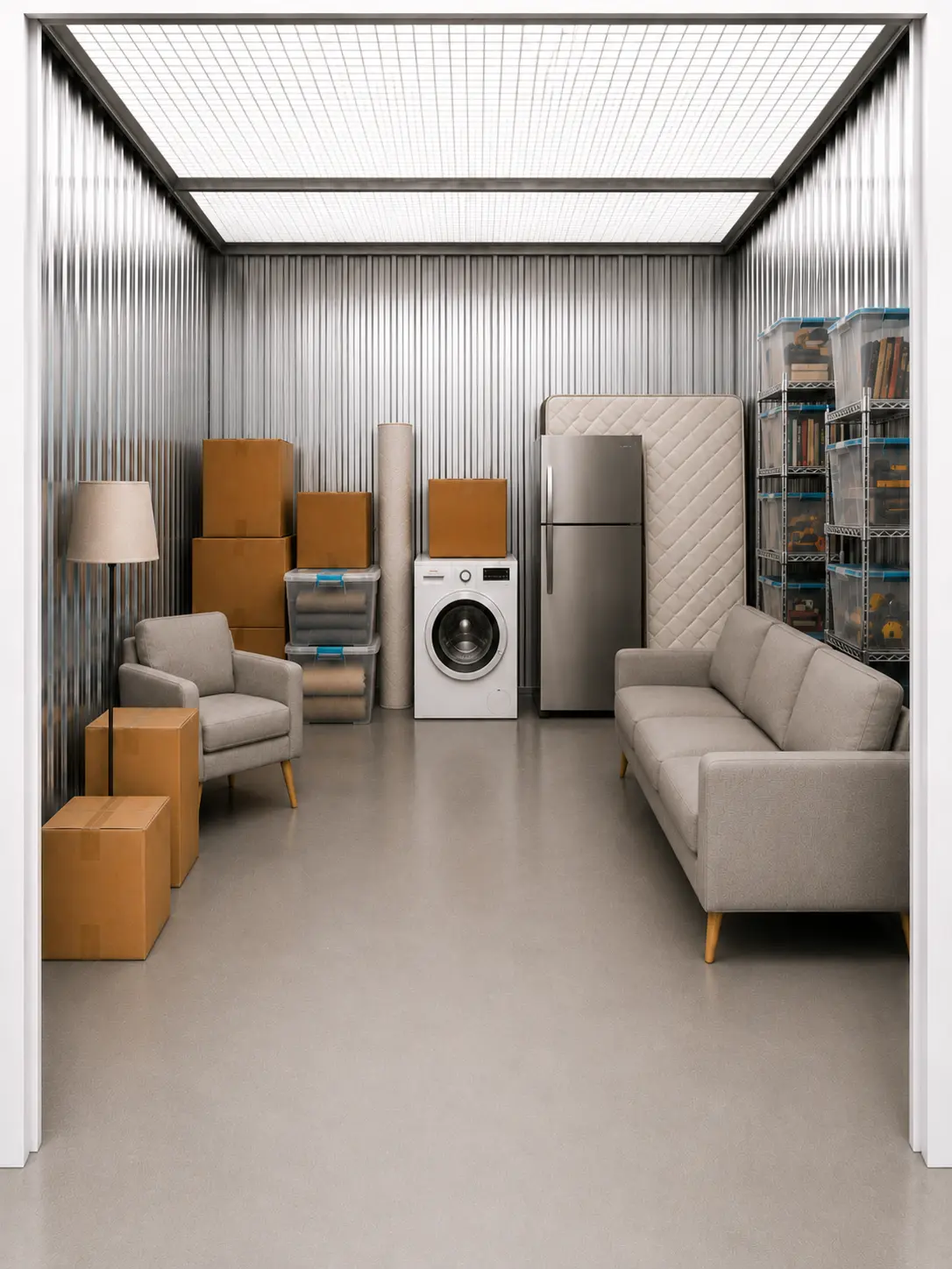 Interior de un trastero XXL de más de 6 m² para stock, palés, mudanzas y material profesional