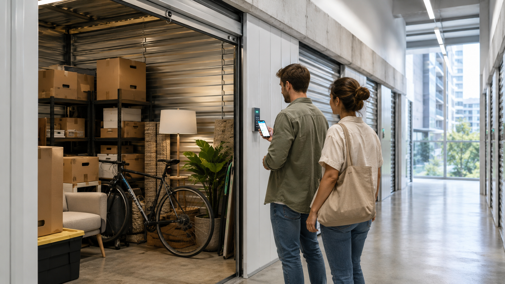 Personas accediendo a un espacio de self storage con cajas y muebles