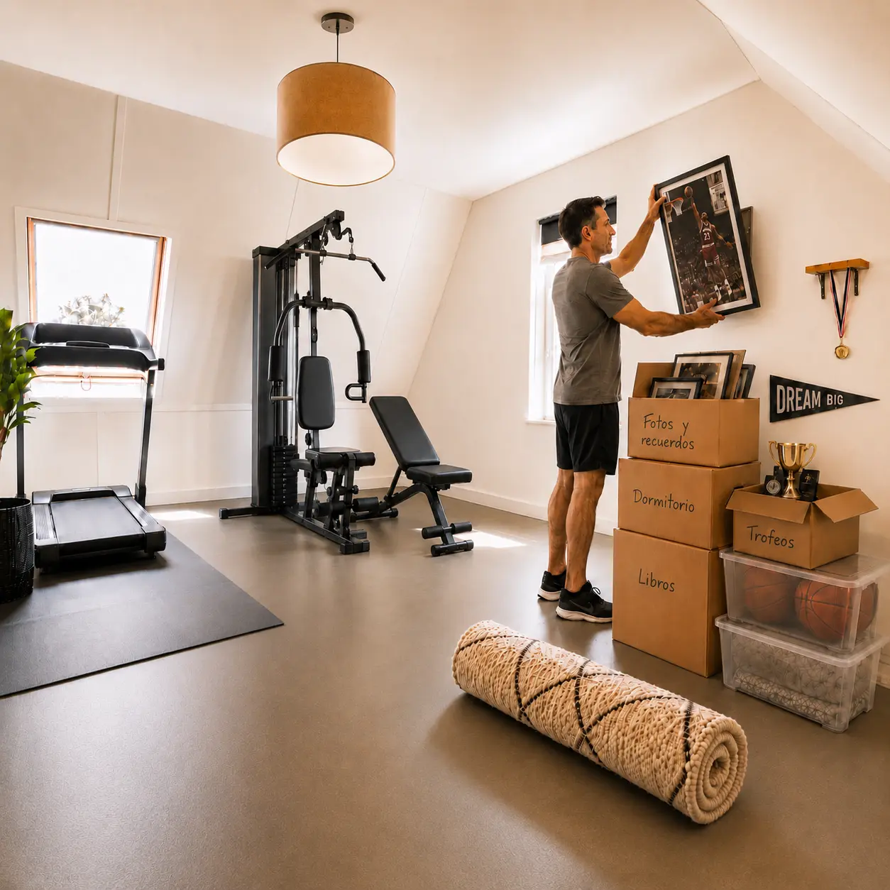 Habitación juvenil transformándose en gimnasio con objetos preparados para guardar