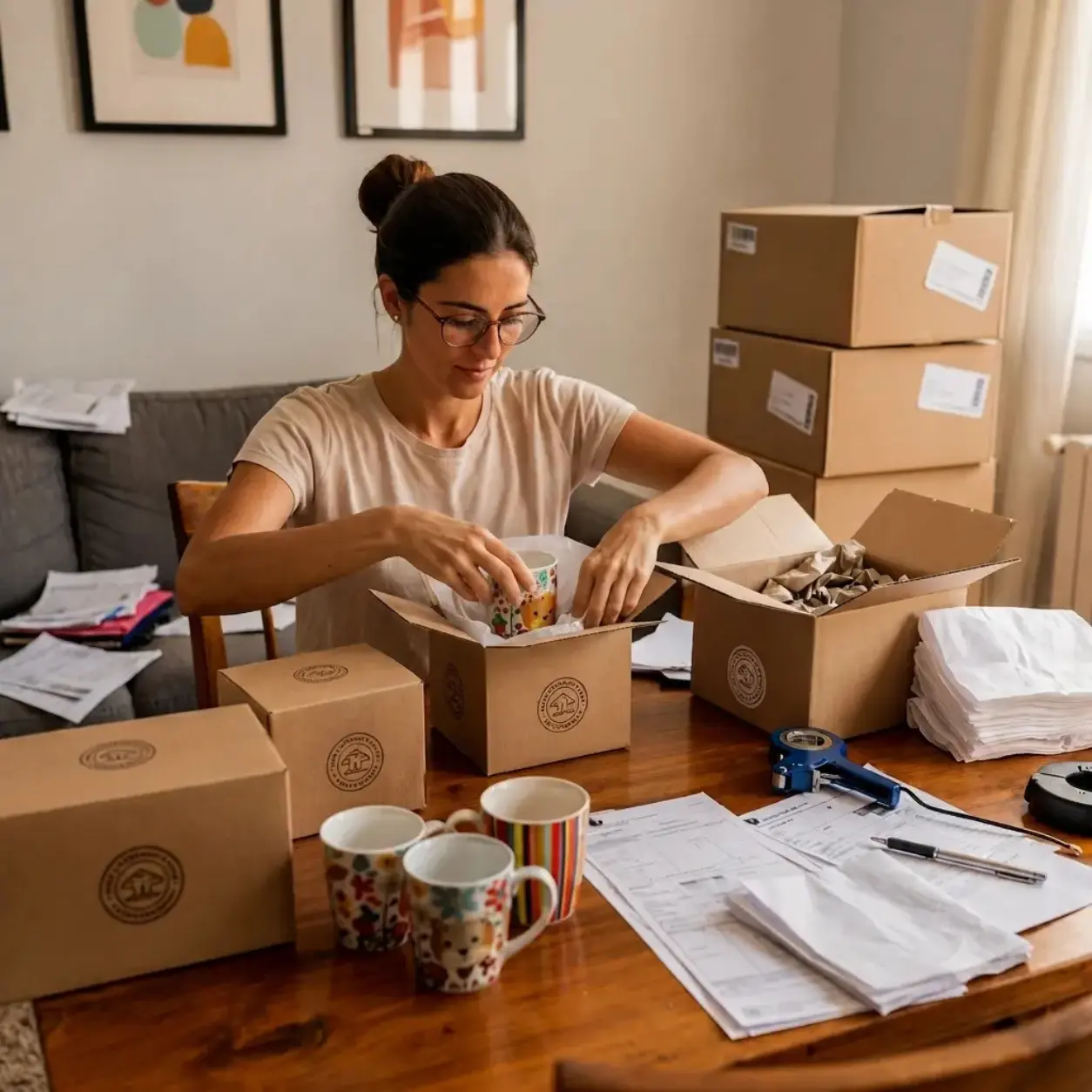 Autónoma preparando pedidos y almacenando productos en casa
